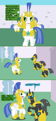 Size: 1000x2138 | Tagged: safe, artist:hakar-kerarmor, queen chrysalis, oc, oc:monolith, oc:nors, changeling, ask four inept guardponies, g4, backfire, confused, evil smile, fangs, royal guard, surprised