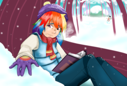 Size: 779x530 | Tagged: safe, artist:gamblingfoxinahat, rainbow dash, human, g4, book, clothes, crying, female, gloves, humanized, scarf, snow, snowfall, solo, tree, window