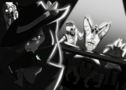 Size: 1001x712 | Tagged: safe, artist:gamblingfoxinahat, rainbow dash, rarity, human, g4, armor, black and white, clothes, crying, detective rarity, gloves, grayscale, hat, humanized, monochrome, royal guard