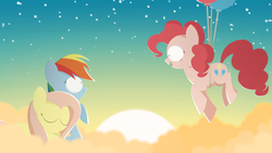 Size: 3840x2160 | Tagged: safe, artist:limejerry, fluttershy, pinkie pie, rainbow dash, g4, balloon, cloud, evening, flying, high res, pinkie being pinkie, pinkie physics, sky, stars, sun, then watch her balloons lift her up to the sky, trio, twilight (astronomy)