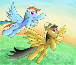 Size: 2500x2142 | Tagged: safe, artist:multiponi, daring do, rainbow dash, pony, g4, flying, high res, smiling
