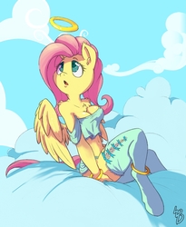 Size: 820x1000 | Tagged: safe, artist:dfectivedvice, artist:firebird145, fluttershy, angel, anthro, unguligrade anthro, g4, anklet, belly button, bracelet, breasts, busty fluttershy, chest fluff, cleavage, clothes, cloud, colored, cute, female, halo, jewelry, midriff, miniskirt, sexy, shyabetes, skirt, skirt lift, socks, solo, stockings, thigh highs, zettai ryouiki