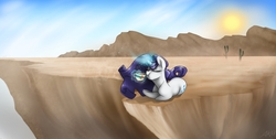 Size: 1366x686 | Tagged: safe, artist:octomoparalysis, rarity, g4, cactus, cliff, desert, drinking, female, lying down, magic, relaxing, scenery, solo