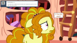 Size: 1280x720 | Tagged: safe, artist:hakunohamikage, adagio dazzle, earth pony, pony, ask-princesssparkle, g4, dialogue, earth pony adagio dazzle, equestria girls ponified, female, golden oaks library, ponified, solo, worried