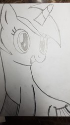 Size: 2268x4032 | Tagged: artist needed, safe, lyra heartstrings, pony, unicorn, g4, female, monochrome, smiling, solo, traditional art