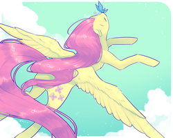 Size: 1280x1024 | Tagged: safe, fluttershy, butterfly, g4, beautiful, eyes closed, female, flying, insect on nose, looking up, sky, solo, spread wings