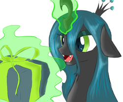 Size: 6000x5000 | Tagged: safe, artist:ruanshi, queen chrysalis, changeling, changeling queen, g4, absurd resolution, crown, female, glowing, glowing horn, horn, jewelry, magic, open mouth, present, regalia, solo, telekinesis