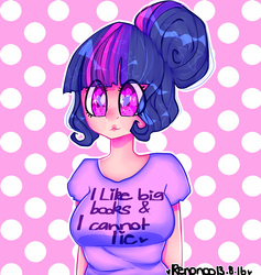 Size: 2847x3000 | Tagged: safe, artist:bunxl, twilight sparkle, human, g4, big breasts, book, breasts, clothes, female, high res, humanized, solo, t-shirt, that pony sure does love books