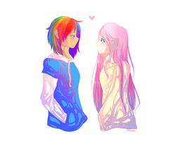 Size: 3500x3000 | Tagged: safe, artist:sharkotaco, fluttershy, rainbow dash, human, g4, clothes, female, heart, high res, hoodie, humanized, lesbian, ship:flutterdash, shipping, simple background, sweater, sweatershy