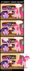 Size: 1690x4000 | Tagged: safe, artist:cipherpie, pinkie pie, twilight sparkle, earth pony, pony, unicorn, comic:it doesn't make sense, g4, comic, comic strip, duo, fourth wall, golden oaks library, reference, spongebob squarepants, the inner machinations of my mind are an enigma, the secret box