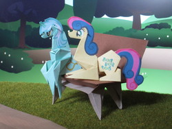Size: 3648x2736 | Tagged: safe, artist:malte279, bon bon, lyra heartstrings, sweetie drops, earth pony, pony, unicorn, g4, bench, bush, craft, duo, featured image, female, grass, high res, origami, papercraft, prone, sitting, sitting lyra, tree