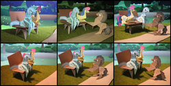 Size: 2760x1392 | Tagged: safe, artist:malte279, bon bon, doctor whooves, lyra heartstrings, sweetie drops, time turner, earth pony, pony, g4, bench, craft, male, origami, papercraft, sitting lyra, stallion