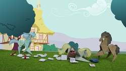 Size: 1600x900 | Tagged: safe, artist:malte279, derpy hooves, doctor whooves, lyra heartstrings, time turner, pegasus, pony, g4, craft, crash, female, letter, mail, mailmare, mare, origami, papercraft, saddle bag, scroll