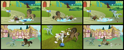 Size: 4460x1807 | Tagged: safe, artist:malte279, derpy hooves, doctor whooves, lyra heartstrings, time turner, pegasus, pony, g4, craft, crash, female, letter, mail, mailmare, mare, origami, papercraft, puddle, saddle bag, scroll