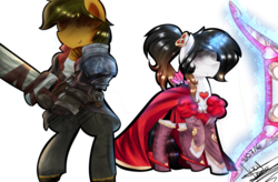 Size: 1024x672 | Tagged: safe, artist:scarlett-letter, oc, oc only, alicorn, earth pony, pony, alicorn oc, arrow, bow (weapon), clothes, costume, dress, heart necklace, jewelry, league of legends, lol, magic, necklace, nervous, sword, weapon