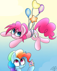 Size: 1602x2000 | Tagged: dead source, safe, artist:php69, pinkie pie, rainbow dash, g4, alternate hairstyle, balloon, cupcake, dynamic dash, fake cutie mark, food, hairstyle swap, mane swap, then watch her balloons lift her up to the sky