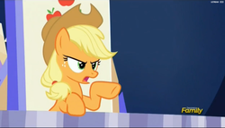 Size: 2495x1431 | Tagged: safe, screencap, applejack, pony, 28 pranks later, g4, season 6, angry, discovery family logo, female, mare, solo