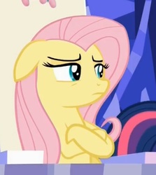 Size: 421x473 | Tagged: safe, screencap, fluttershy, pegasus, pony, 28 pranks later, g4, crossed hooves, cute, female, floppy ears, mare, peeved, shyabetes, sitting, solo, unamused