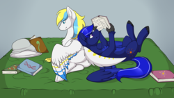 Size: 3256x1833 | Tagged: safe, artist:heartscharm, oc, oc only, oc:cirrus sky, oc:neutrino burst, hippogriff, bed, book, cute, reading, relaxing, studying