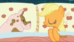 Size: 2495x1423 | Tagged: safe, screencap, applejack, pig, pony, 28 pranks later, g4, season 6, discovery family logo, eyes closed