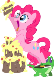 Size: 2788x3974 | Tagged: safe, artist:james-li, gummy, pinkie pie, pony, g4, cake, duo, food, high res