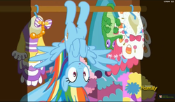 Size: 2447x1431 | Tagged: safe, screencap, gummy, rainbow dash, 28 pranks later, g4, season 6, behaving like a bat, clothes, discovery family logo, dress, gala dress, upside down