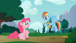 Size: 2511x1423 | Tagged: safe, screencap, pinkie pie, rainbow dash, earth pony, pegasus, pony, 28 pranks later, g4, season 6, cookie, discovery family logo, food