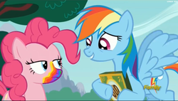 Size: 2519x1431 | Tagged: safe, screencap, pinkie pie, rainbow dash, pony, 28 pranks later, g4, season 6, cookie, cookie zombie, discovery family logo, food, rainbow muzzle