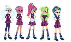 Size: 1180x692 | Tagged: safe, artist:nexuspiexiii, indigo zap, lemon zest, sour sweet, sugarcoat, sunny flare, equestria girls, g4, clothes, crystal prep academy uniform, crystal prep shadowbolts, goggles, headphones, holly, humanized, school uniform, shadow five, simple background, white background