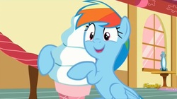 Size: 1669x932 | Tagged: safe, screencap, rainbow dash, pegasus, pony, 28 pranks later, g4, cute, dashabetes, discovery family logo, female, mare, open mouth, sitting, solo