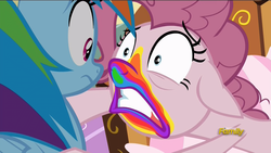 Size: 1920x1080 | Tagged: safe, screencap, pinkie pie, rainbow dash, pony, 28 pranks later, g4, discovery family logo, faic