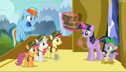 Size: 2511x1431 | Tagged: safe, screencap, apple bloom, rainbow dash, scootaloo, spike, sweetie belle, twilight sparkle, alicorn, pony, 28 pranks later, g4, cutie mark, cutie mark crusaders, discovery family logo, female, filly, filly guides, the cmc's cutie marks, twilight sparkle (alicorn)