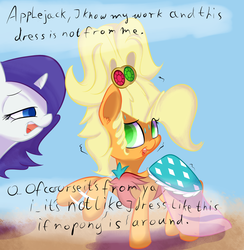 Size: 1024x1048 | Tagged: safe, artist:madacon, applejack, rarity, earth pony, pony, unicorn, g4, simple ways, applejewel, caught, clothes, dialogue, female, mare, sweat