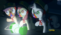 Size: 2448x1432 | Tagged: safe, screencap, apple bloom, scootaloo, sweetie belle, pony, 28 pranks later, g4, season 6, betrayal, cookie zombie, cutie mark, cutie mark crusaders, derp, discovery family logo, filly guides, hypocrisy, lies, rainbow muzzle, the cmc's cutie marks