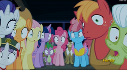 Size: 2551x1423 | Tagged: safe, screencap, applejack, big macintosh, fluttershy, granny smith, matilda, pinkie pie, rarity, spike, sweetie belle, twilight sparkle, alicorn, pony, 28 pranks later, g4, season 6, discovery family logo, filly guides, reaction image, twilight sparkle (alicorn)