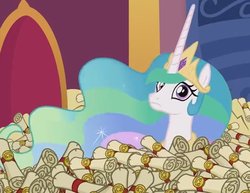 Size: 635x490 | Tagged: safe, screencap, princess celestia, pony, 28 pranks later, g4, big ol' pile o' scrolls, female, frown, looking at you, mare, scroll, solo, wide eyes