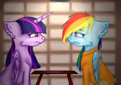 Size: 2032x1426 | Tagged: safe, artist:naturallightning, rainbow dash, twilight sparkle, alicorn, pony, g4, clothes, crying, prison, prison outfit, prisoner rd, sad, twilight sparkle (alicorn), wings