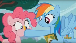 Size: 1595x919 | Tagged: safe, screencap, pinkie pie, rainbow dash, earth pony, pegasus, pony, 28 pranks later, g4, season 6, boop, discovery family logo, rainbow muzzle