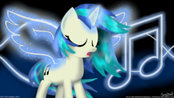 Size: 1920x1080 | Tagged: safe, artist:bvsquare, dj pon-3, vinyl scratch, pony, g4, artificial wings, augmented, female, glowing horn, horn, magic, magic wings, solo, wings
