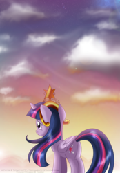 Size: 988x1423 | Tagged: safe, artist:tiffanymarsou, twilight sparkle, alicorn, pony, g4, big crown thingy, cloud, dawn, female, jewelry, regalia, solo, twilight (astronomy), twilight sparkle (alicorn)