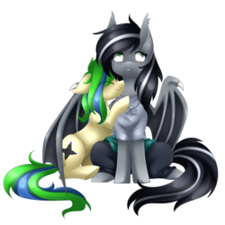 Size: 3000x3000 | Tagged: safe, artist:scarlet-spectrum, oc, oc only, oc:ravebounce, oc:shade (jerichoiv), bat pony, pony, clothes, commission, cute, duo, high res, hug, jewelry, necklace, open mouth, scar, simple background, sitting, transparent background, wavy mouth