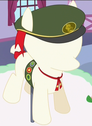 Size: 721x983 | Tagged: safe, screencap, pony, 28 pranks later, g4, badge, clothes, filly guides, hat, mannequin, sash, tail bow, uniform