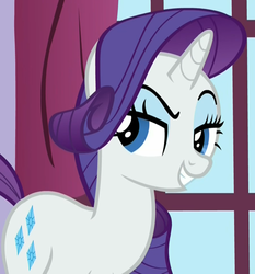 Size: 901x965 | Tagged: safe, screencap, rarity, pony, 28 pranks later, g4, dreamworks face, evil smile, female, lidded eyes, mare, raised eyebrow, solo