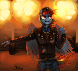 Size: 1300x1190 | Tagged: safe, artist:jedayskayvoker, rainbow dash, anthro, g4, boomers, clothes, crossover, fallout, fallout: new vegas, female, solo, windswept mane