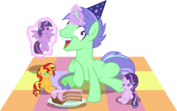 Size: 5595x3518 | Tagged: safe, artist:osipush, starlight glimmer, sunset shimmer, twilight sparkle, oc, oc:space shift, alicorn, pony, unicorn, g4, absurd resolution, blanket, cake, candle, dessert, fire, forever alone, glowing horn, happy birthday, hat, horn, i didn't listen, image macro, inkscape, magic, male, meme, open mouth, party hat, plate, plushie, raised hoof, solo, stallion, telekinesis, twilight sparkle (alicorn)