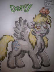 Size: 2736x3648 | Tagged: safe, artist:shelby100, derpy hooves, pegasus, pony, g4, chest fluff, female, floppy ears, fluffy, food, high res, mare, muffin, solo, spread wings, tongue out, traditional art, unshorn fetlocks