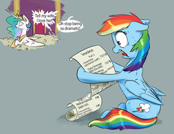 Size: 3300x2550 | Tagged: safe, artist:silfoe, princess celestia, rainbow dash, alicorn, pegasus, pony, 28 pranks later, g4, big ol' pile o' scrolls, bill, dialogue, female, floppy ears, high res, male, mare, open mouth, reality ensues, royal guard, shrunken pupils, speech bubble, speedpaint, stallion, sweat, this will end in bankruptcy, wide eyes