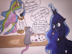 Size: 1024x768 | Tagged: safe, artist:lunafacehoofplz, princess celestia, princess luna, tiberius, alicorn, opossum, pony, g4, blatant lies, cake, cakelestia, crumbs, food, glowing, glowing horn, horn, magic, magic aura, telekinesis, traditional art