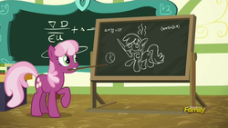 Size: 1366x768 | Tagged: safe, screencap, cheerilee, earth pony, pony, 28 pranks later, g4, chalkboard, mouth hold, pointer, prank, smell