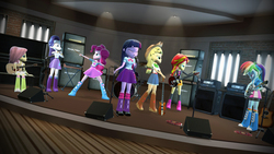 Size: 1920x1080 | Tagged: safe, artist:johnflaherty, applejack, fluttershy, pinkie pie, rainbow dash, rarity, sunset shimmer, twilight sparkle, human, equestria girls, g4, my little pony equestria girls: rainbow rocks, 3d, acoustic guitar, band, drums, electric guitar, gmod, guitar, humane five, humane seven, humane six, keyboard, lights, microphone, musical instrument, piano, pose, rehearsal, speaker, stage